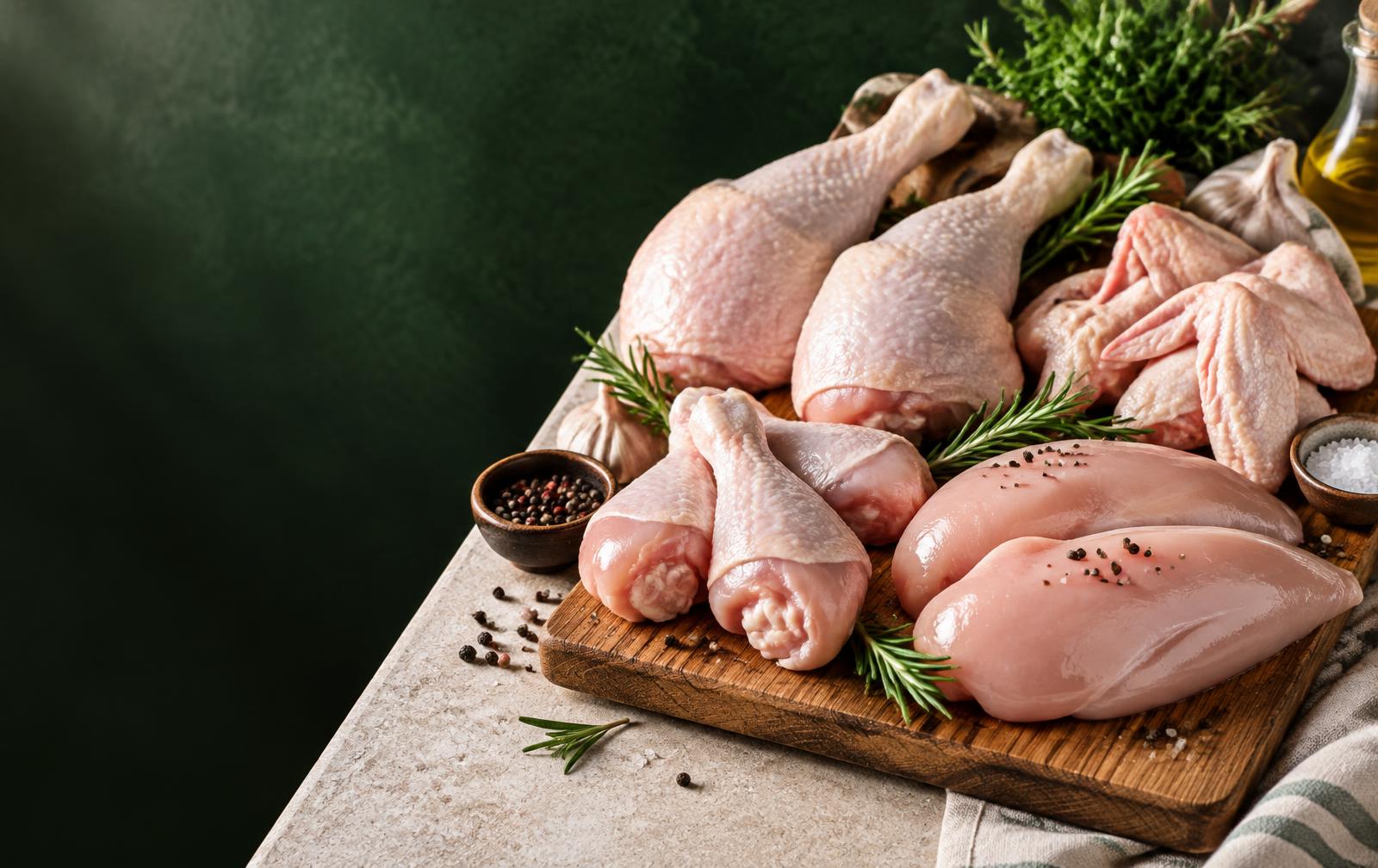 Fresh raw halal chicken legs, wings, drumsticks and breast on a butcher's board